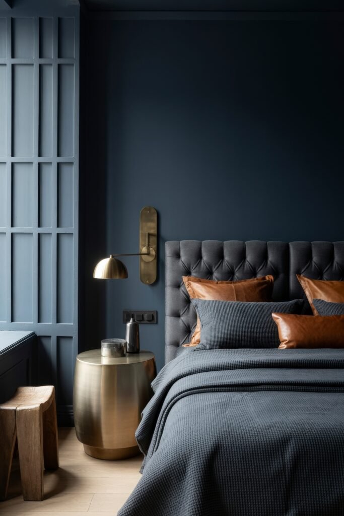 Masculine Luxury Bedroom: Genius Luxe Ideas 11 Stylish bedroom with a tufted charcoal headboard, navy bedding, and tan leather accent pillows, complemented by a brass sconce and drum-shaped nightstand.