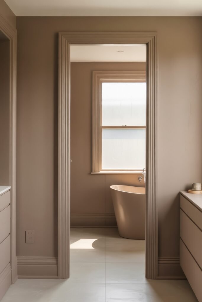Neutral Bathroom Ideas: Genius Spa-Like Upgrades 9 Stylish bathroom corridor with beige walls and trim leading to a freestanding bathtub beside a frosted window, embracing soft light and Neutral Bathroom Ideas.