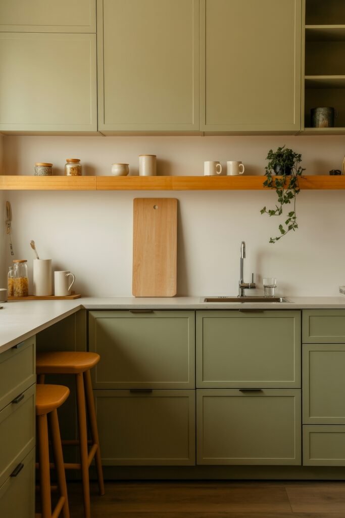 Sage Green Kitchen Bliss: Inspiring Ideas 9 Warm-toned U-shaped Sage Green Kitchen with minimalist wood shelving, smooth cabinet fronts, and simple ceramic containers and a hanging plant.