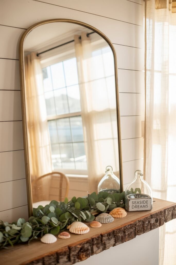 Summer Mantel Decor Tips (Even If You Don’t Have a Fireplace) 11 Coastal mantel with gold-framed mirror, eucalyptus garland, seashells, and seaside-themed decor for light summer mantel decor.