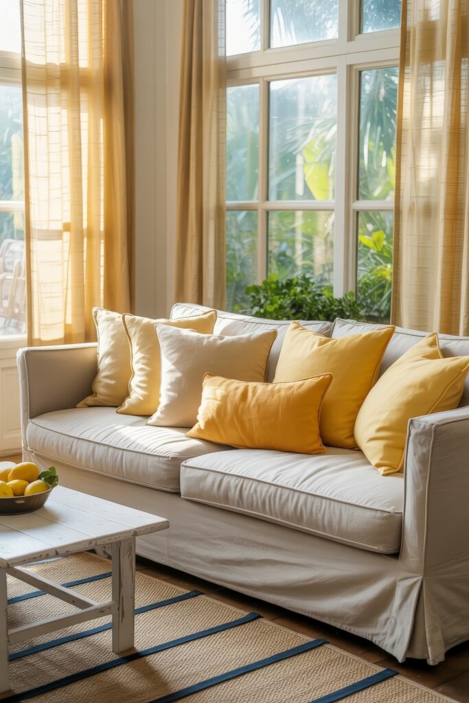 Bright Summer Sunroom Ideas: Airy Decor for Sunny Days 9 Cheerful summer sunroom with a white sofa, yellow and cream pillows, sheer golden curtains, and a rustic white coffee table with lemons.