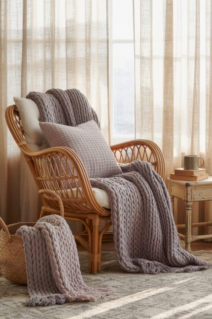 Indoor Sunroom Furniture Ideas for Cozy Winters & Breezy Summers 9 Rattan armchair with soft gray knit throw and pillow beside a rustic table and basket in a sunroom.