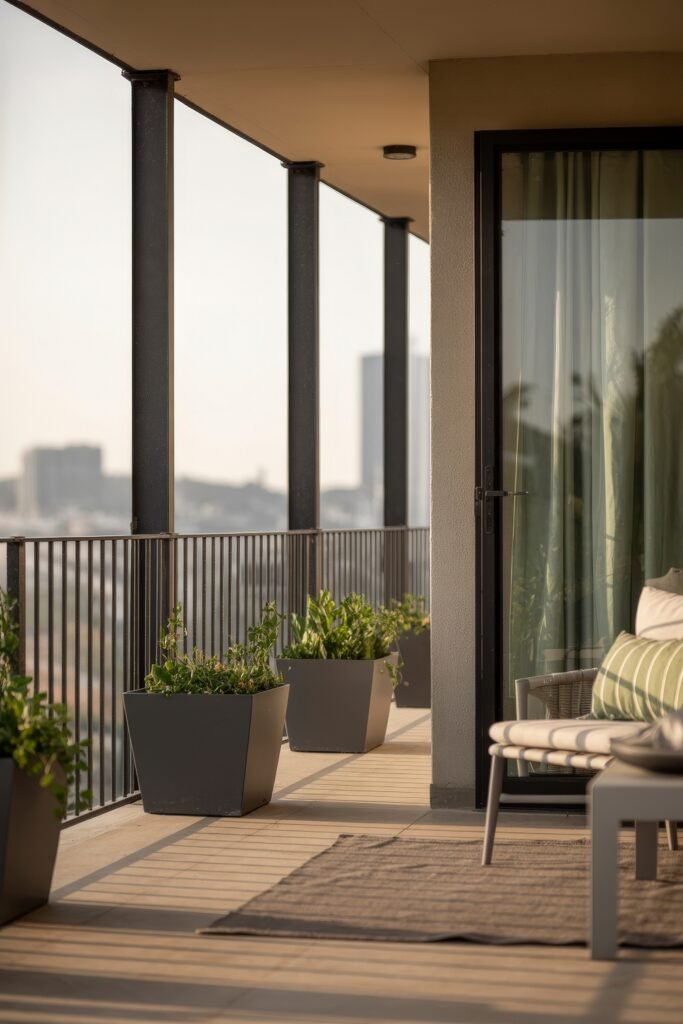 Stylish Rooftop and Terrace Garden Design 11 Minimalist balcony featuring black railing planters with green foliage and soft natural light, creating a sleek and simple Balcony & Terrace Gardening style.