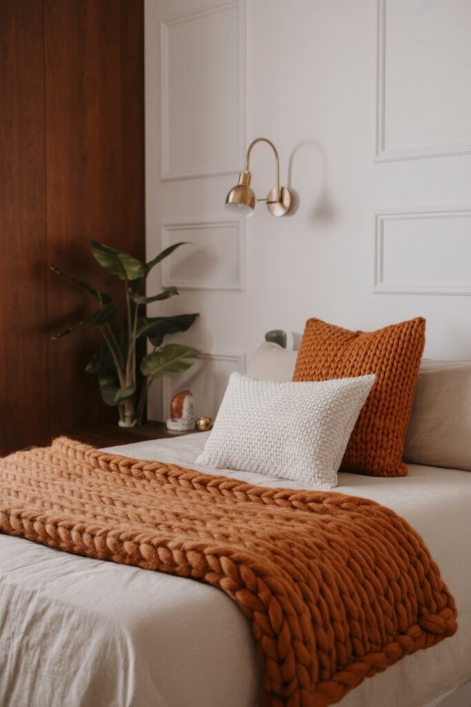 Terracotta Bedroom Ideas: Genius Ways to Glow 10 Chic bedroom with a white paneled wall, rust-toned chunky knit throw and pillow, beige bedding, and a brass wall sconce above a bedside plant.
