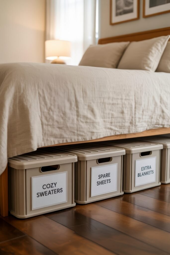 Bedroom Essentials for Your First Apartment: 12 Genius Must-Haves 9 Labeled underbed storage bins reading “COZY SWEATERS,” “SPARE SHEETS,” and “EXTRA BLANKETS” lined up under a neatly made bed, ideal for first apartment planning with limited space.