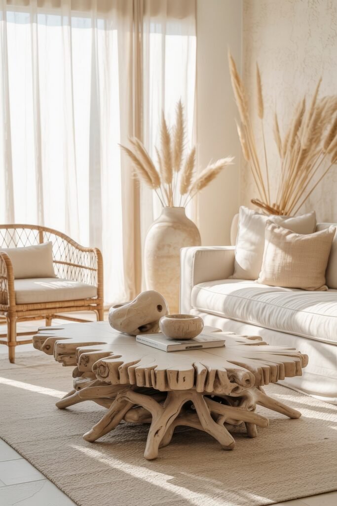 Coastal Summer Vibes for City Apartments 12 Airy living space with a whitewashed driftwood coffee table, pampas grass in a large vase, and soft neutral seating, enhancing coastal summer decor.