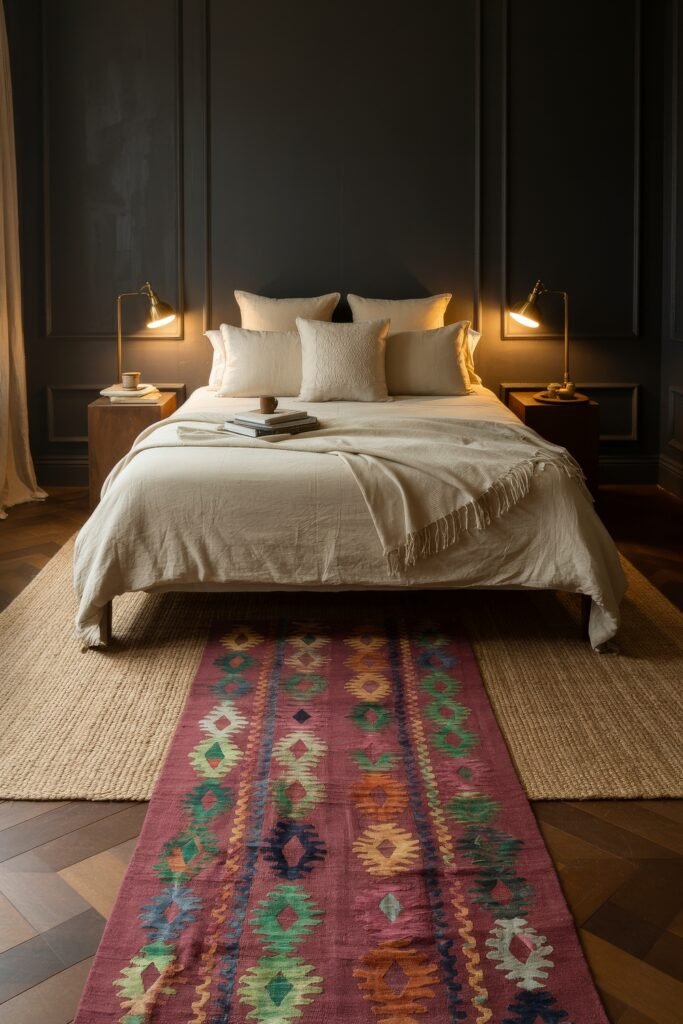 Dark Boho Bedroom Ideas: Unexpected Tricks for Cozy Drama 11 Minimalist Dark Boho Bedroom with black walls, ivory bedding, brass lamps, and a long tribal-patterned rug adding color and texture to the calm setting.