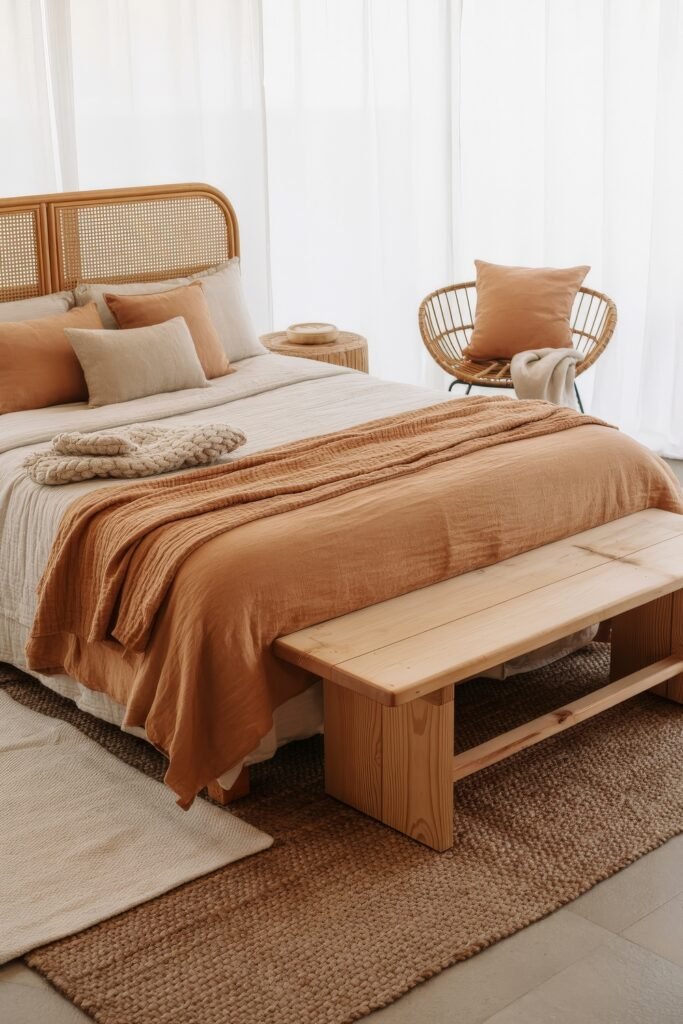 Earthy Bedroom Ideas: 12 Essential Ways to Elevate Your Space 10 Serene Bohemian bedroom with warm rust and cream bedding, a woven rattan headboard, and a wooden bench over a textured rug, softly lit by daylight through sheer curtains.