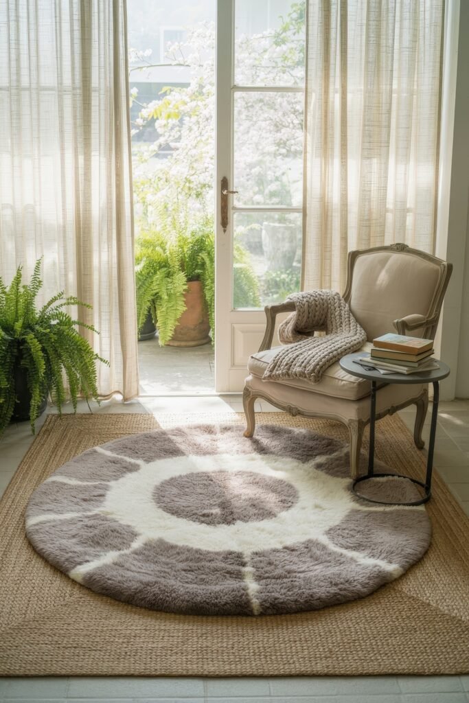Cozy Fall Sunroom Ideas: Autumn Decor for a Warm Retreat 10 Elegant sunroom with a vintage chair, round plush rug, and lush green ferns by a sunny window.
