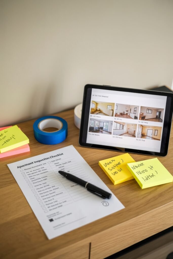 First Apartment Checklist: Essential Tips You’ll Love 10 Apartment inspection checklist, sticky notes, tablet with room photos, and rolls of tape on a wooden table—highlighting a detailed first apartment checklist in progress.