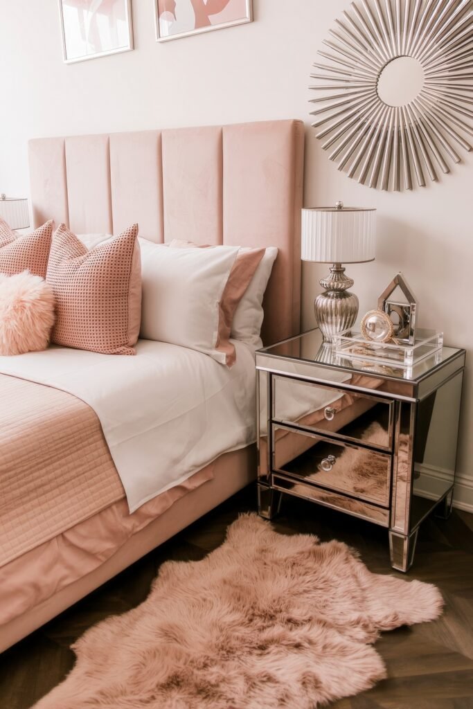 Glam Bedroom Décor: Essential Tips for Luxe Sleep 10 Soft-toned bedroom with a blush pink headboard, mirrored nightstand, metallic decor, and a plush peach-toned fur rug, radiating modern Glam Bedroom Décor charm.