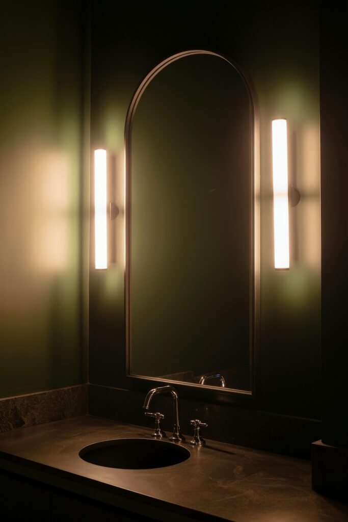 Gothic Bathroom Ideas: Genius Touches for Moody Glam 12 Minimalist bathroom with dark green walls, soft vertical lighting flanking a rounded mirror, and a matte black vanity, evoking a sleek Dark & Moody Bathroom Theme.