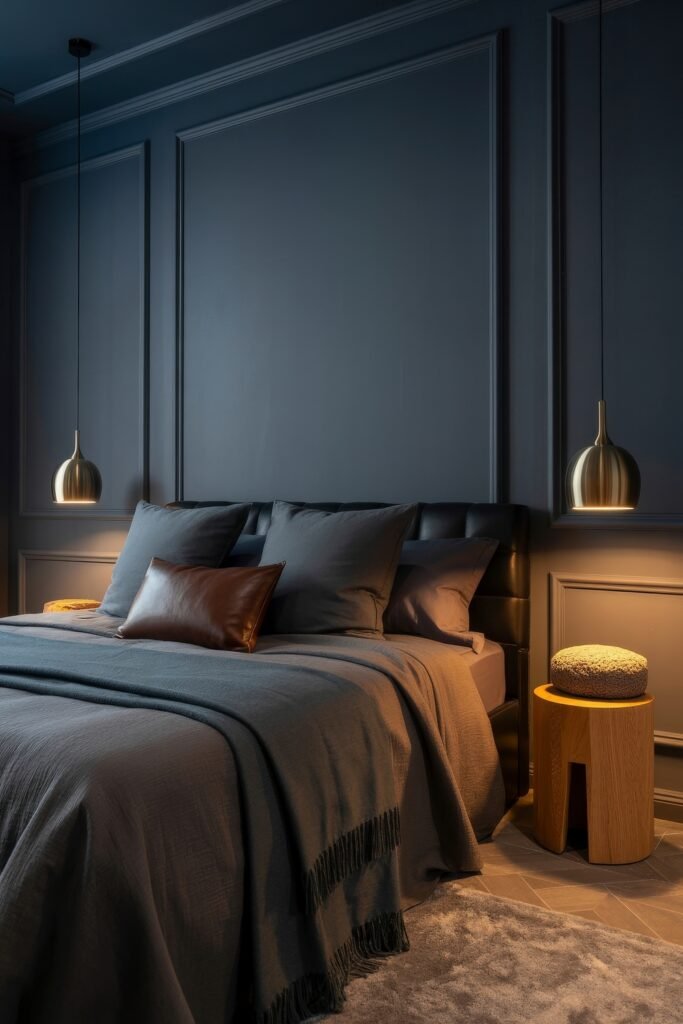 Masculine Luxury Bedroom: Genius Luxe Ideas 12 Moody modern bedroom featuring charcoal walls and bedding, a brown leather pillow, and warm pendant lights over minimalist wooden side tables.