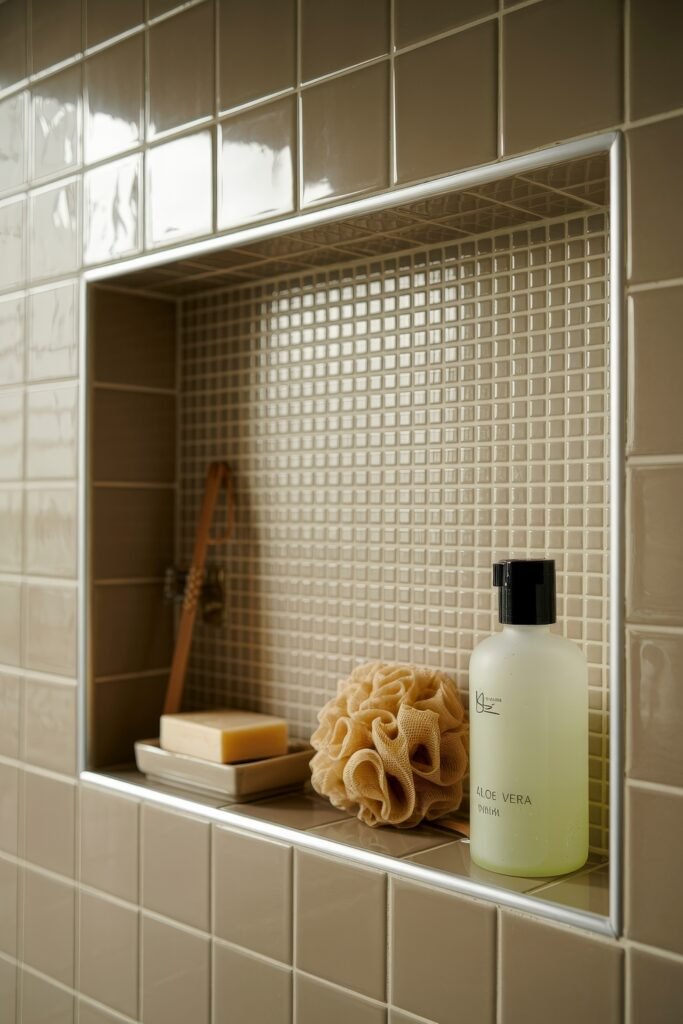 Neutral Bathroom Ideas: Genius Spa-Like Upgrades 10 Close-up of a shower niche with beige tile, containing a natural sponge, bar soap, wooden brush, and a translucent bottle labeled "Aloe Vera," all elements harmonizing with a neutral color palette.