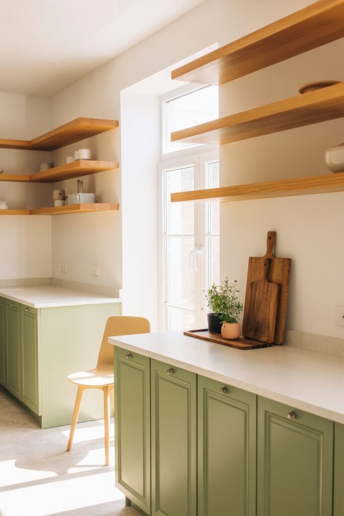 Sage Green Kitchen Bliss: Inspiring Ideas 10 Scandinavian-inspired Green-Themed Kitchen with pastel green cabinets, floating wooden shelves, large window, and natural light accentuating the cozy, airy design.