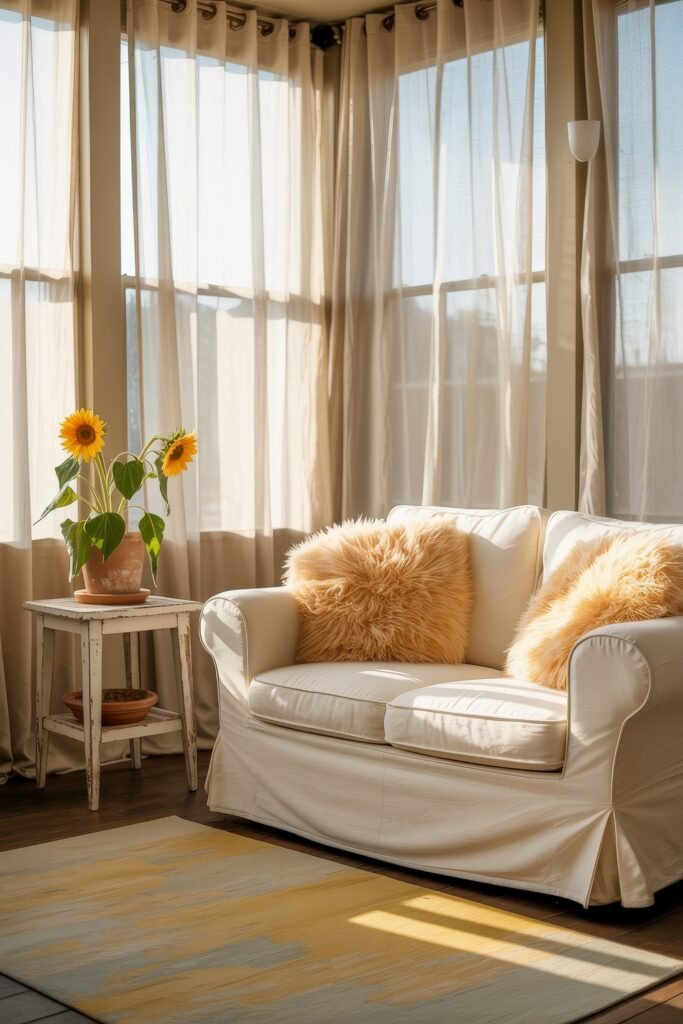 Bright Summer Sunroom Ideas: Airy Decor for Sunny Days 10 Cozy sunroom corner with a white loveseat, fluffy peach pillows, a side table with sunflowers, and sheer beige curtains filtering sunlight.