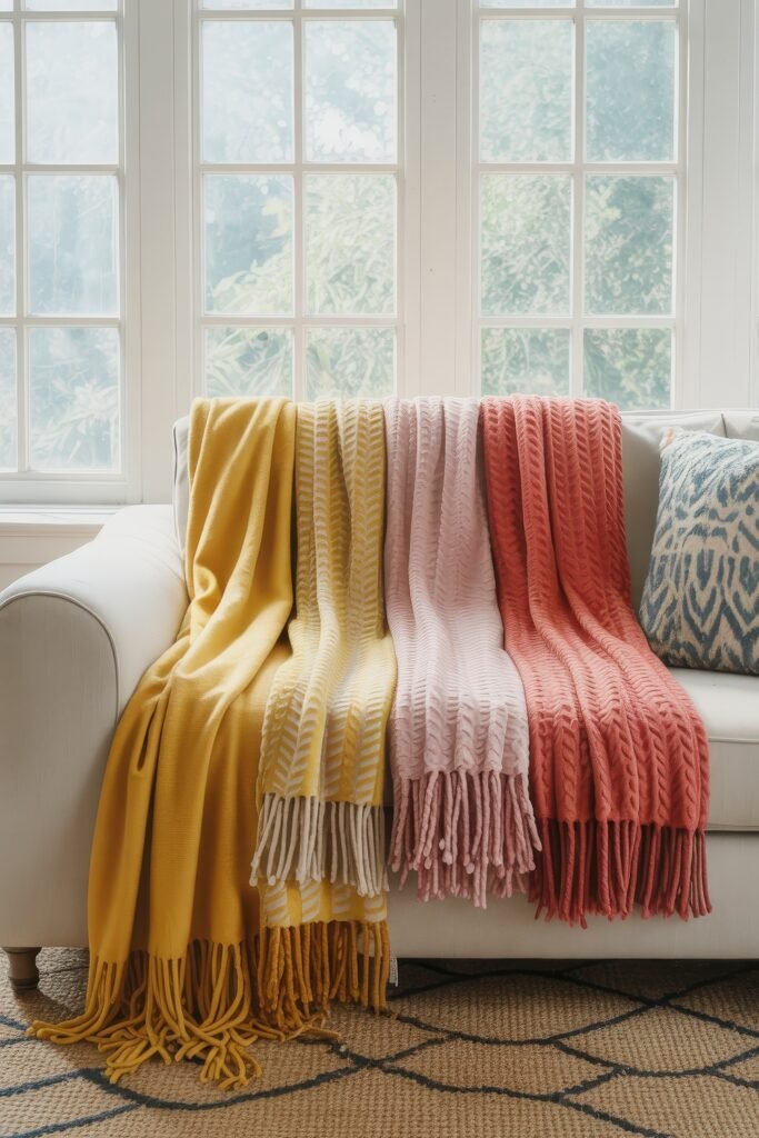 Indoor Sunroom Furniture Ideas for Cozy Winters & Breezy Summers 10 White sofa with yellow, pale pink, and coral throws draped across the back in a bright sunroom.