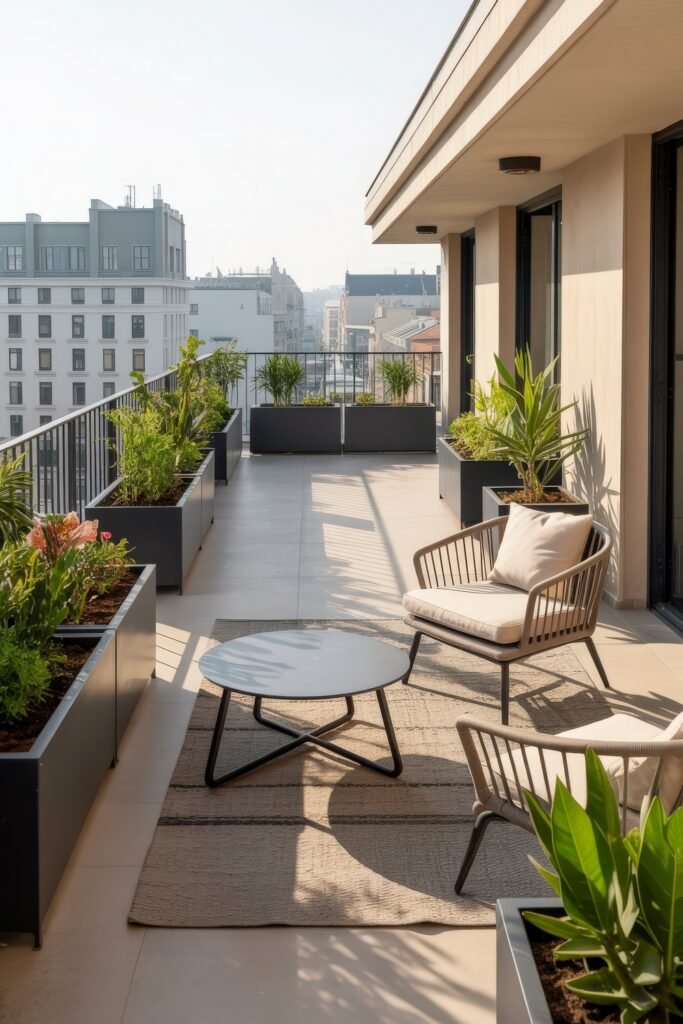 Stylish Rooftop and Terrace Garden Design 12 Spacious terrace with cushioned seating, contemporary planters, and a mix of ornamental and edible plants, showcasing modern terrace garden ideas in an urban setting.