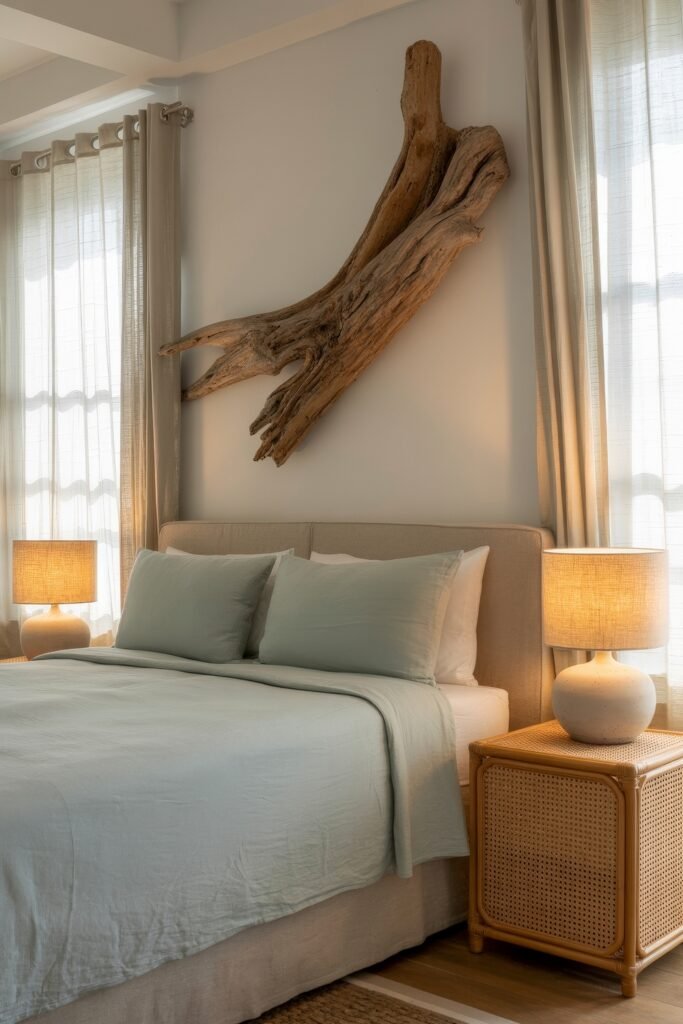 Coastal Summer Vibes for City Apartments 13 Coastal bedroom with a large driftwood wall sculpture, soft blue bedding, and woven nightstands, reflecting relaxed summer décor.