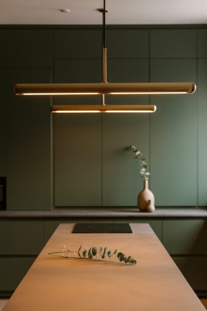 Dark Green Kitchen Magic: Bold Ideas for Modern Elegance 10 A serene Green-Themed Kitchen with sleek matte green cabinetry, a soft-lit double pendant fixture, and a minimal island featuring a single eucalyptus stem and induction cooktop.