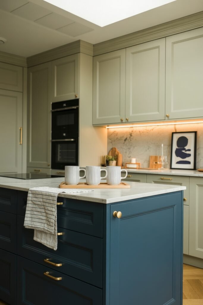 Green Kitchen Cabinets: Stylish Ways to Elevate Style 12 Modern kitchen featuring a two-tone design with navy lower cabinets, soft gray uppers, marble backsplash, and under-cabinet lighting, centered around a white countertop island with ceramic mugs.