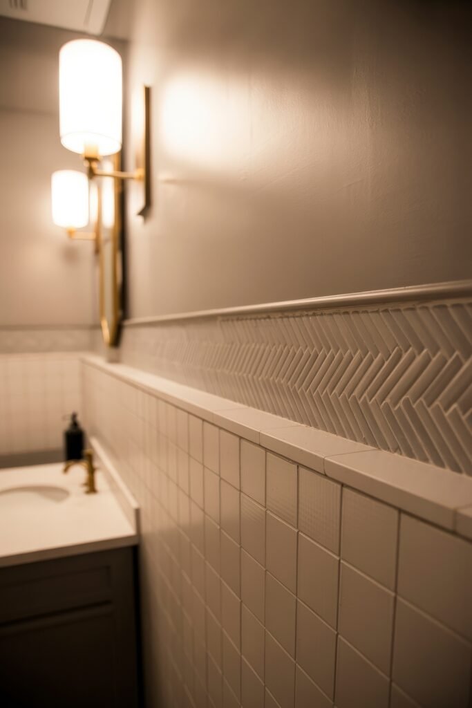 Neutral Bathroom Ideas: Genius Spa-Like Upgrades 11 Close-up of a bathroom wall featuring white square tiles below a herringbone textured tile accent, warm brass lighting fixtures, and a white vanity counter, fitting Neutral & White Bathroom Themes.
