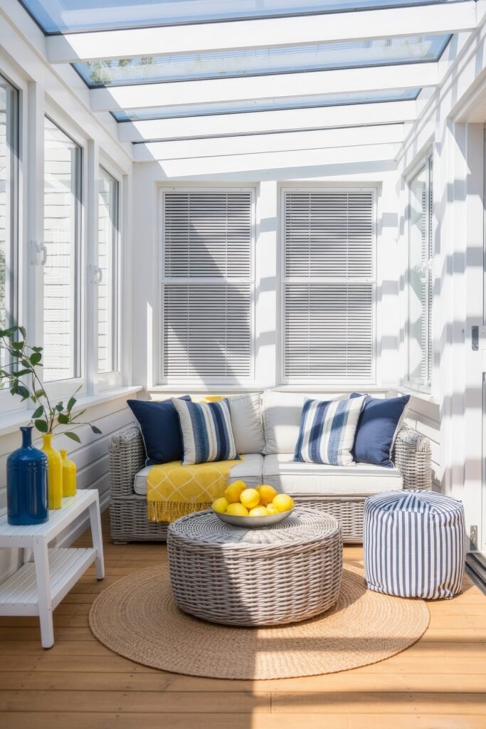 Bright Summer Sunroom Ideas: Airy Decor for Sunny Days 11 Bright four-season room with a wicker loveseat, navy and white striped pillows, yellow accents, a round wicker coffee table, and glass ceiling.