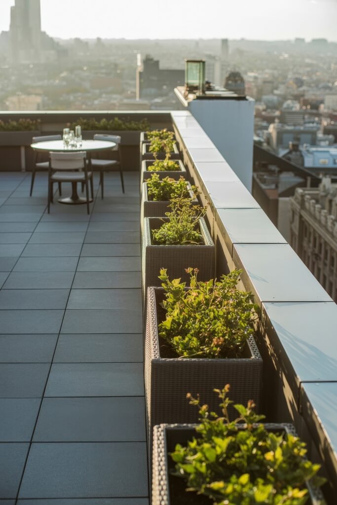 Stylish Rooftop and Terrace Garden Design 13 Rooftop terrace with wicker planters filled with greenery lining the edge and a small dining table in the distance, combining elegance with Balcony & Terrace Gardening.