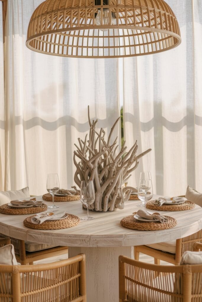 Coastal Summer Vibes for City Apartments 14 Round dining table with a driftwood centerpiece, wicker placemats, and a rattan pendant light, styled with coastal summer decor charm.