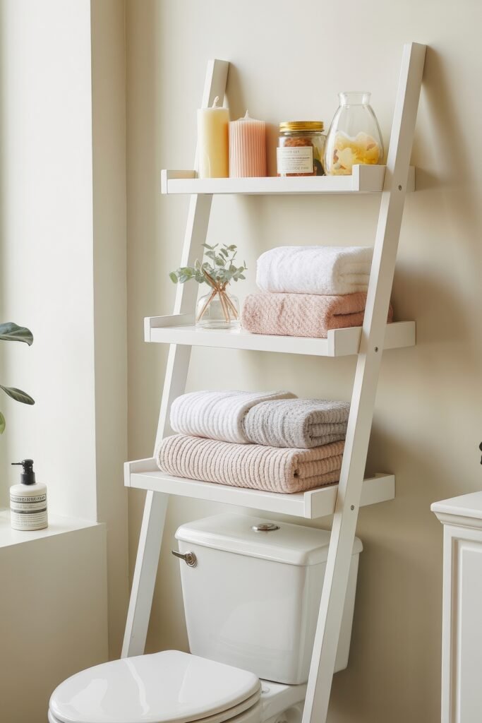 Bathroom Essentials for First Apartment: Genius Must-Haves 12 White leaning ladder shelf above a toilet, neatly organized with folded towels, candles, jars, and a small plant—perfect for maximizing space in bathroom essentials for first apartment.