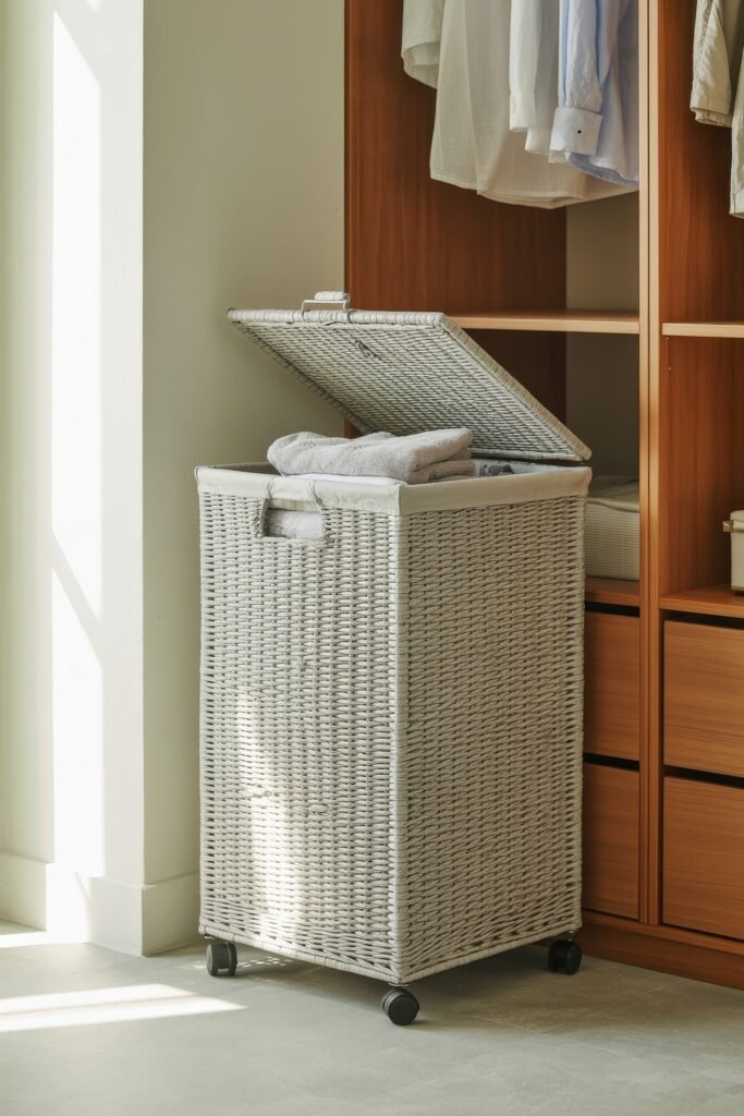 Bedroom Essentials for Your First Apartment: 12 Genius Must-Haves 10 Wicker laundry hamper on wheels with the lid open, placed beside a wooden wardrobe, holding neatly folded towels and offering a practical touch for bedroom essentials for first apartment.