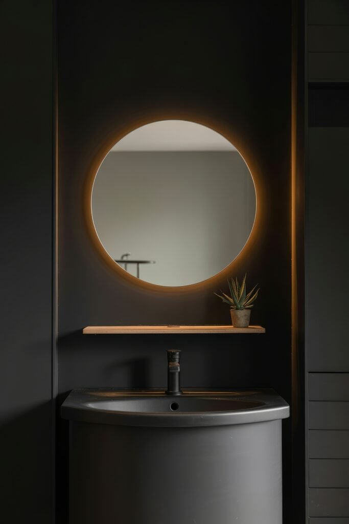 Black Bathroom Ideas: Genius Ways to Create Moody Glam 11 Sleek black pedestal sink paired with a backlit round mirror and a small potted plant on a floating wood shelf, blending simplicity and ambiance in a Dark & Moody Bathroom Theme.