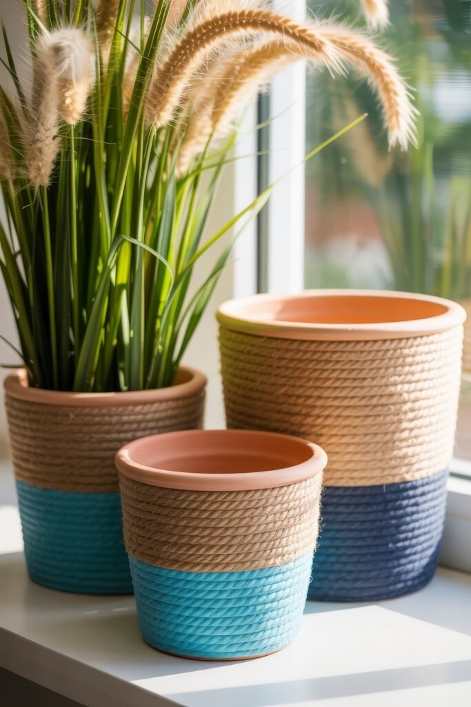 Coastal Summer Vibes for City Apartments 15 Set of colorful rope-wrapped planters with ornamental grass, bringing a playful summer décor accent.