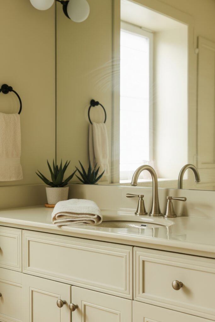 Cream Bathroom Ideas: Genius Ways to Warm Up Your Space 12 Softly lit bathroom vanity with creamy cabinetry, bronze fixtures, a large mirror, and folded towels beside small green plants for a refined Cream Bathroom Ideas touch.