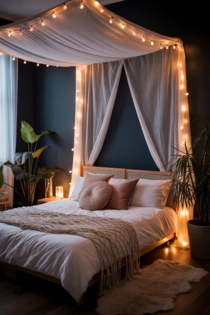 Dark Boho Bedroom Ideas: Unexpected Tricks for Cozy Drama 12 Softly lit bedroom featuring a canopy bed draped with white sheer fabric and string lights, white bedding with blush accents, and potted plants for a serene Bohemian retreat.