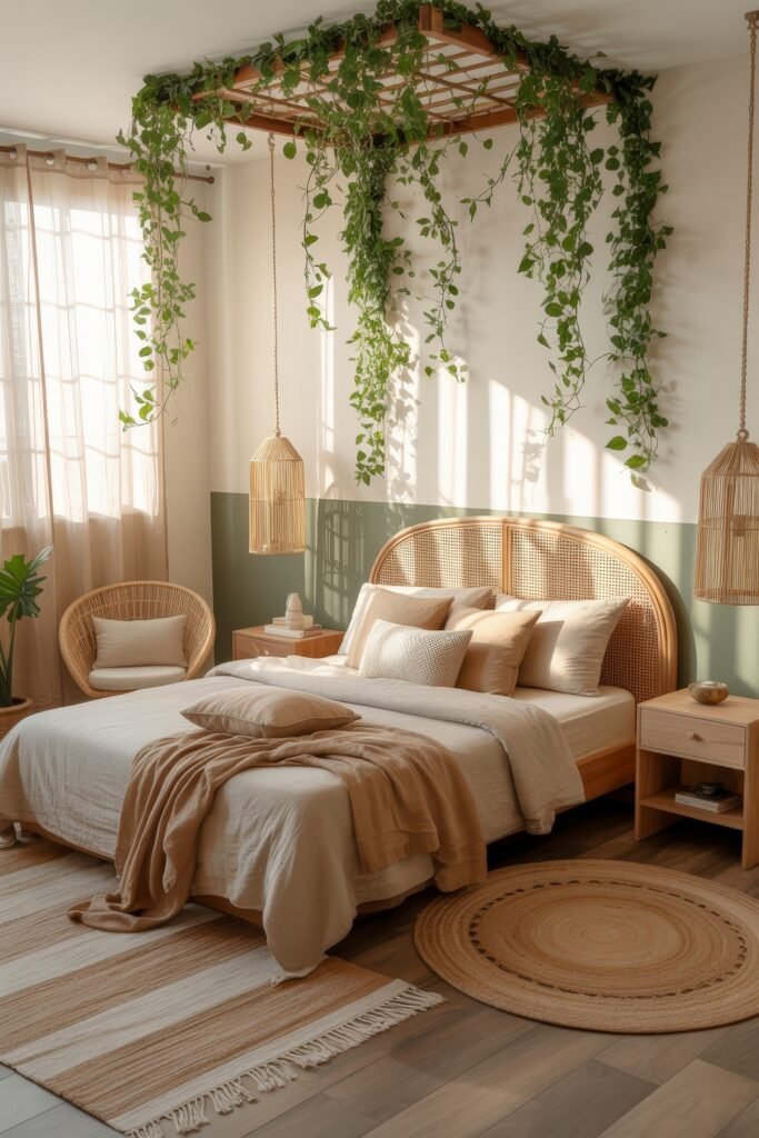Earthy Bedroom Ideas: 12 Essential Ways to Elevate Your Space 11 Airy Bohemian bedroom with a rattan headboard, hanging greenery from a wooden ceiling trellis, natural wood furniture, and earth-toned bedding over layered rugs.