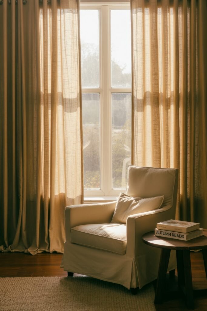 Cozy Fall Sunroom Ideas: Autumn Decor for a Warm Retreat 11 Cream armchair by a sunlit window with autumn reads stacked on a side table, evoking a peaceful reading nook.