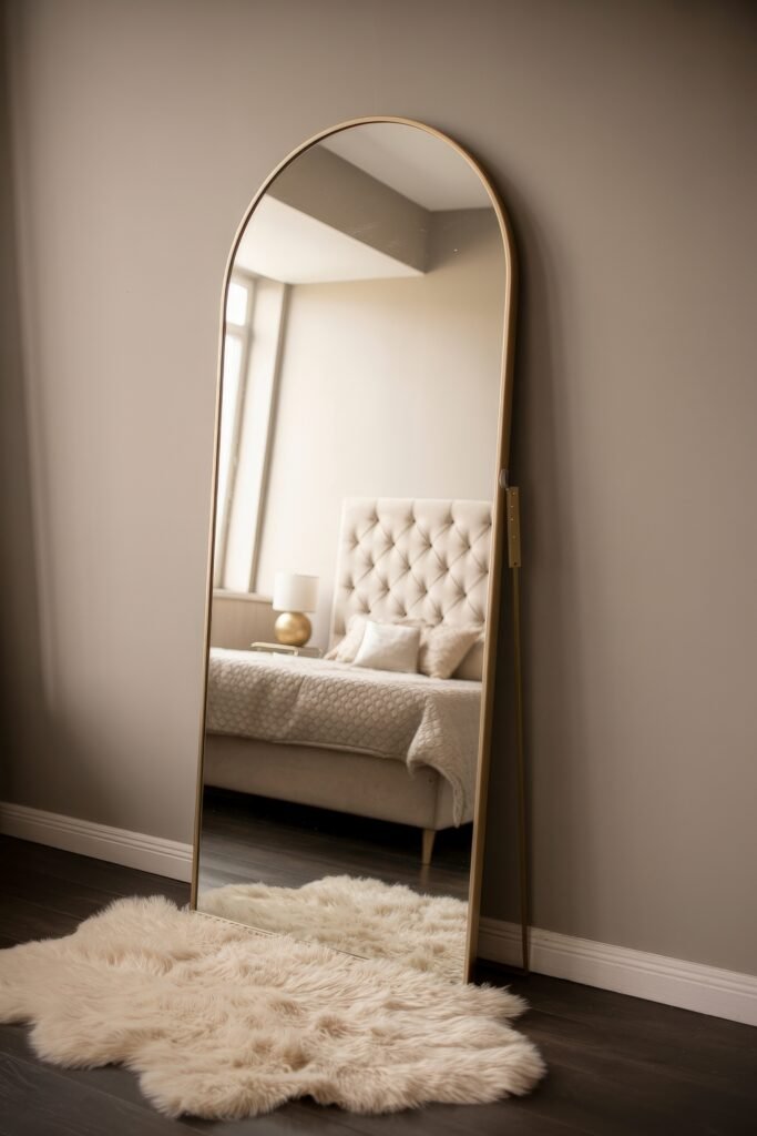 Glam Bedroom Décor: Essential Tips for Luxe Sleep 11 Tall arched mirror with a soft gold frame reflects a tufted cream bed and nightstand, standing over a plush ivory rug in a refined Glam Bedroom Décor setting.