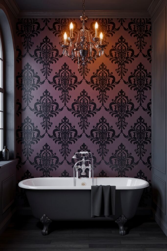 Gothic Bathroom Ideas: Genius Touches for Moody Glam 13 Freestanding black clawfoot bathtub placed against a feature wall with plum and black damask wallpaper, beneath a glowing chandelier, showcasing Gothic Bathroom Ideas with a dramatic flair.