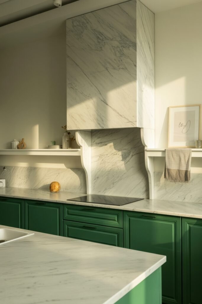 Green Kitchen Cabinets: Stylish Ways to Elevate Style 13 Sophisticated kitchen with forest green cabinets and white marble surfaces throughout, including a large range hood and backsplash, with sunlight casting soft shadows.