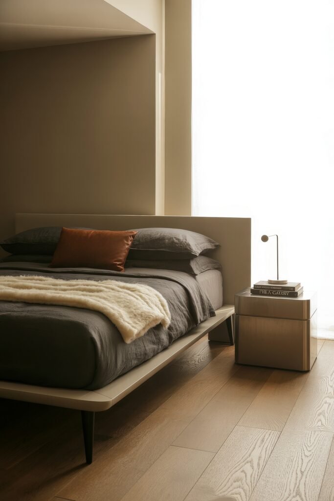 Masculine Luxury Bedroom: Genius Luxe Ideas 13 Minimalist bedroom with soft beige walls, a sleek bed in charcoal bedding, a tan leather pillow, and a cream throw, bathed in natural light from a tall window.