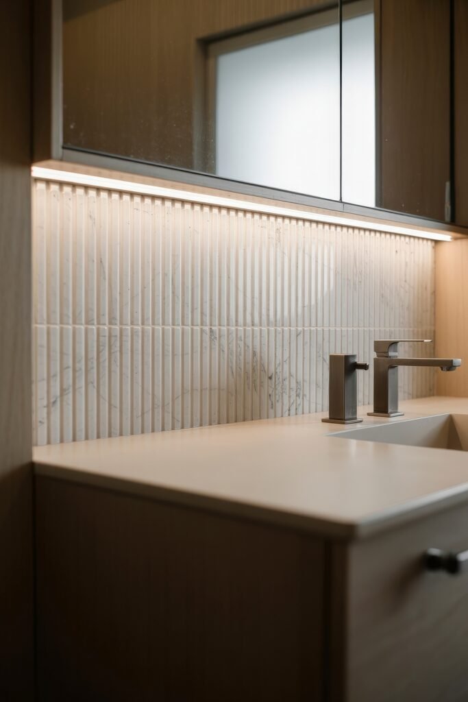 Neutral Bathroom Ideas: Genius Spa-Like Upgrades 12 Modern bathroom sink with a beige countertop, sleek chrome fixtures, vertical marble tile backsplash, and soft under-cabinet lighting for a clean and elegant aesthetic.