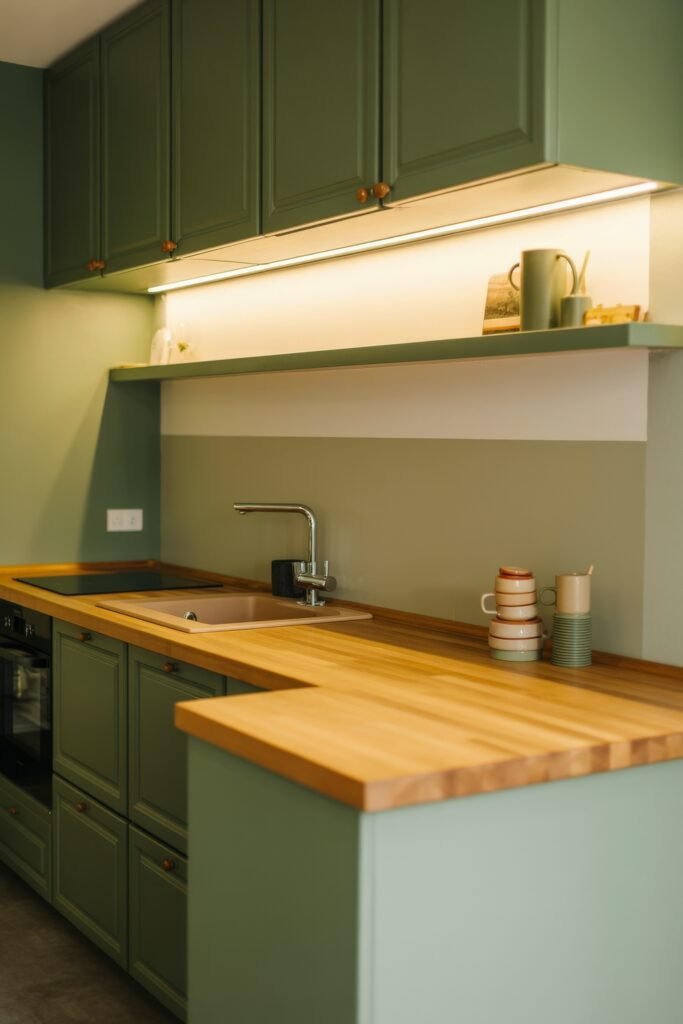 Sage Green Kitchen Bliss: Inspiring Ideas 11 Compact Sage Green Kitchen with wood countertops, under-cabinet lighting, and a clean design featuring stacked mugs and minimalist decor.