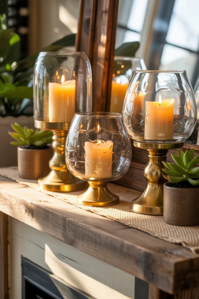 Summer Mantel Decor Tips (Even If You Don’t Have a Fireplace) 13 Elegant gold candle holders with glass covers, surrounded by small potted succulents on a rustic mantel for summer décor.