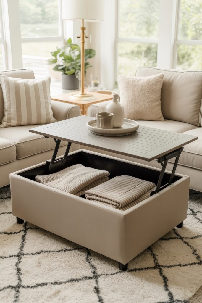 Indoor Sunroom Furniture Ideas for Cozy Winters & Breezy Summers 11 Lift-top coffee table with hidden storage, surrounded by neutral sofas and soft decor in a sunroom.