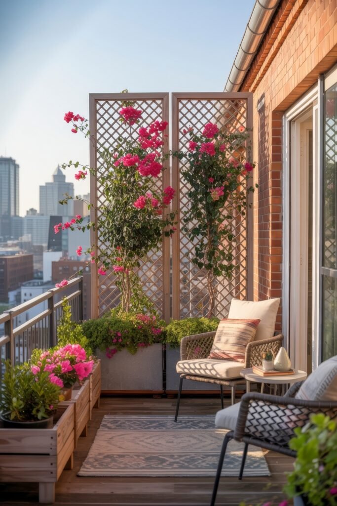Stylish Rooftop and Terrace Garden Design 14 Stylish balcony corner with blooming bougainvillea climbing a wooden trellis, wooden planters, and cozy chairs, offering vibrant terrace garden ideas.