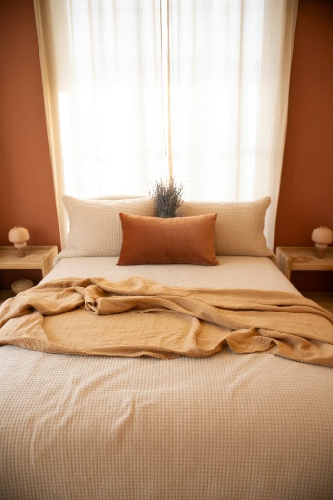 Terracotta Bedroom Ideas: Genius Ways to Glow 11 Serene bedroom with a beige waffle-textured bedspread, rust-colored accent pillow, golden throw, and soft natural light filtered through sheer curtains, framed by terracotta walls and matching wooden nightstands.