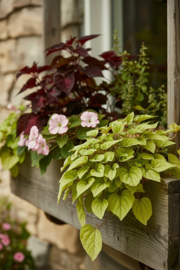 Window box flowers: Genius Ways to Wow Any Apartment 14 A wooden flower box brimming with sweet potato vine, pink impatiens, and deep burgundy foliage, creating a lush and textured Window box flowers scene against a stone wall.