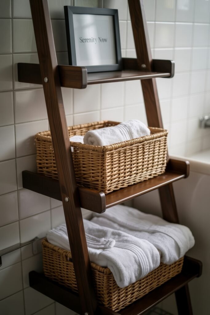 Bathroom Essentials for First Apartment: Genius Must-Haves 13 Dark wooden ladder shelf in a tiled bathroom holding wicker baskets filled with rolled white towels and a framed quote, blending storage and style for First Apartment Planning.