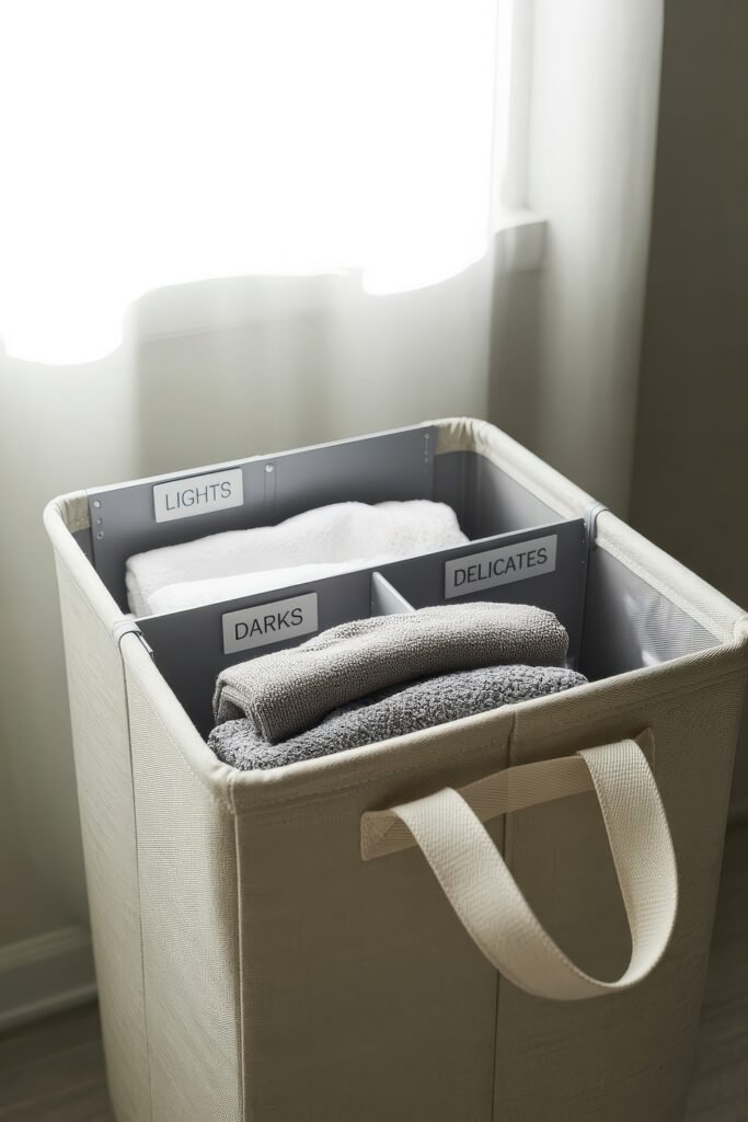 Bedroom Essentials for Your First Apartment: 12 Genius Must-Haves 11 Fabric laundry sorter with three compartments labeled “LIGHTS,” “DARKS,” and “DELICATES,” each containing folded laundry, placed by a sunlit window for an organized first apartment setup.